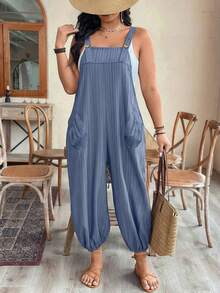 EMERY ROSE Plus Size Women's Early Spring Simple Elegant Textured Fabric Loose Fit Cuffed Jumpsuit Overalls - Blue - View 3
