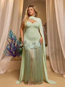 Glamrae Plus Size Elegant Formal Sage Green Scarf Drape Wave Chest Elastic Knit Patchwork Sequin 3D Flower Decor Long Dress Wedding Guest Dinner Evening - Green - View 2