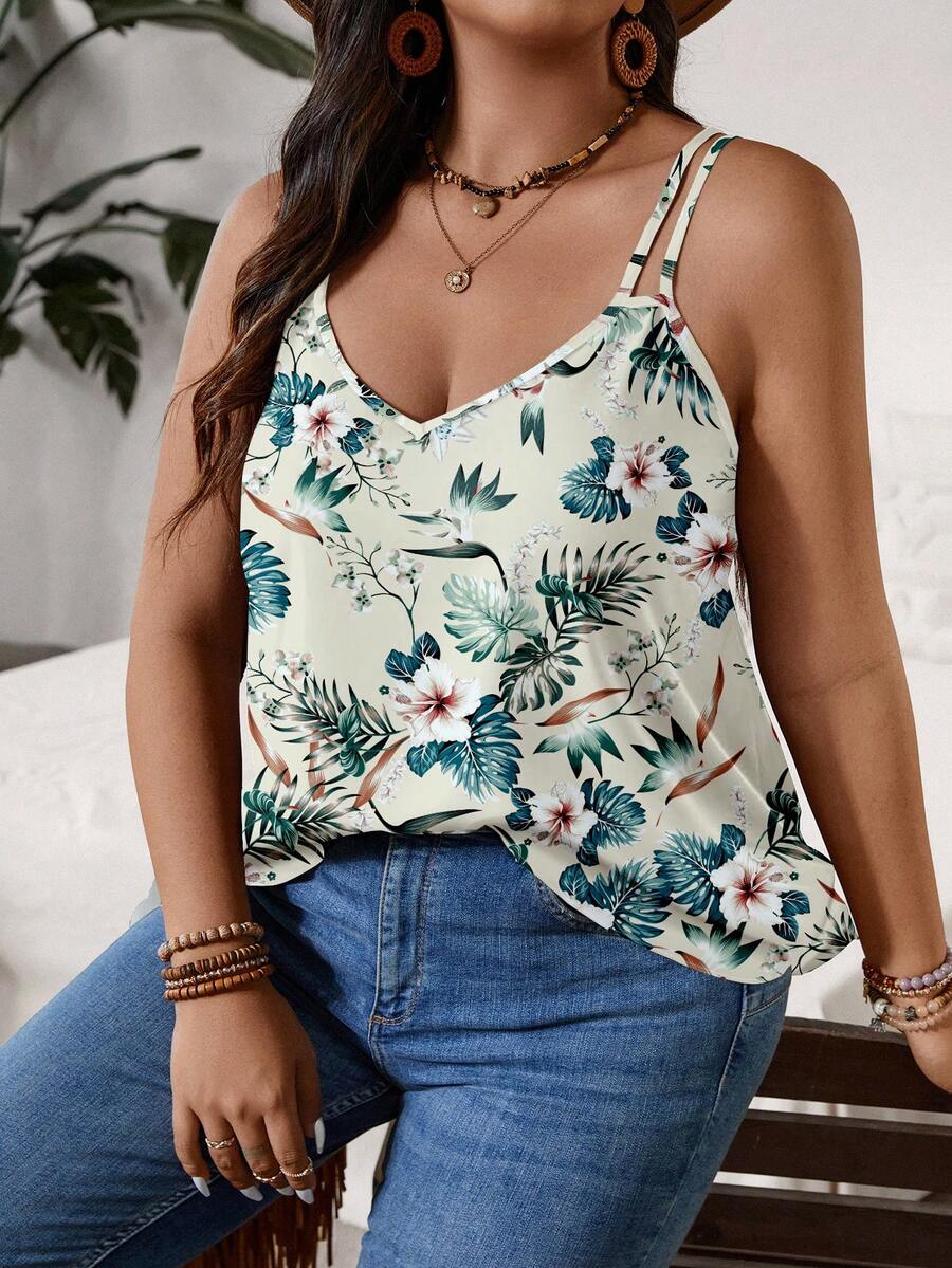 SHEIN VCAY Casual Vacation Vintage Floral Print Plus Size Women's Cami Tank Top, Outing Top, Summer Sleeveless Top, Sexy, Music Festival - Multicolor - View 1