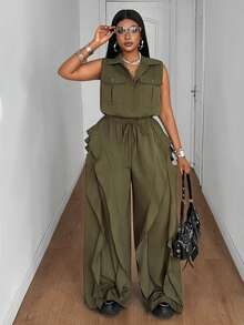 Maweii Plus Size Lapel Button Sleeveless Ruffle Loose Jumpsuit Suitable For Daily Wear - Army Green - View 5