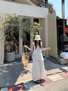 K-Vae French Slouchy Camisole Top & Striped Elastic Waist Tulip Hem Skirt 2pcs Set For Women Summer - White - View 3