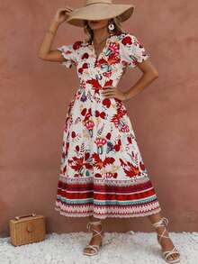 Flora Isola Flora Isola Vacation Bohemian Boho Large Floral White Floral Women's Dress Summer - Red - View 5