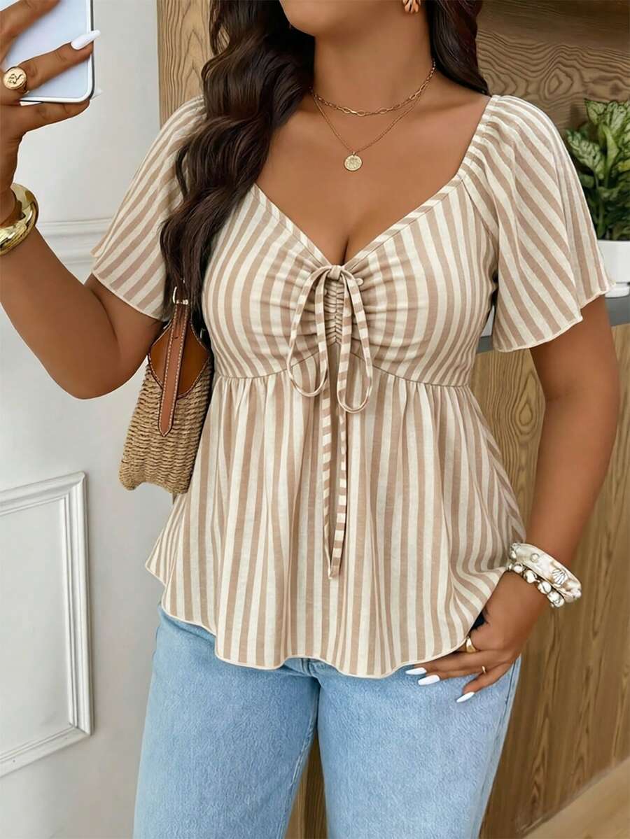 SHEIN Frenchy Plus Size Women V-Neck Short Waist Textured Brown Long Sleeve T-Shirt, Casual Versatile Tee, Ruffle Sleeve Cinching Waist Front Tie Design, Elegant Top, Commute Business Top, Brown Top Brown Top Lace