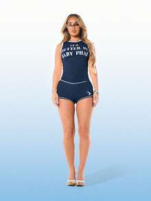 BABYPHAT Jersey Mid-Rise Boy Shorts With Logo Print And Contrast Stitching Detail, World Cup 2026 Sporty Chic Game Day Football Blokecore Streetwear Jersey - Navy Blue - View 5