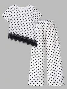 SHEIN 1套女童圓點蕾絲拼接T恤套裝 白色圓領短袖不對稱上衣 + 黑色圓點寬腿褲 2件組休閒舒適兒童服飾 - 黑與白 - 查看 3