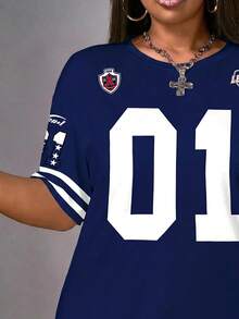 SHEIN CURVE+ 大尺碼女款數位印花圓領短袖休閒洋裝 - 藏蓝色 - 查看 7