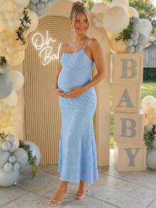 Loomaby Vestido elegante de tirantes finos con encaje floral y bajo de cola de pez para maternidad - Azul - Ver 5