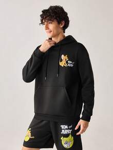 Strevion TOM & JERRY 男士休闲百搭汤姆和杰瑞元素印花连帽卫衣，秋冬款 - 黑色 - 查看 7