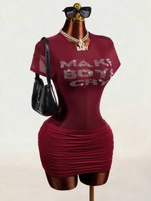 Mistrie Women's Short Sleeve Rhinestone Embellished Ruched Hem Dress - Burgundy - View 4