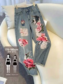 SHEIN Tall 女款口袋鈕扣花卉圖案休閒百搭日常牛仔褲，適合高個女性 - 藍色 - 查看 1
