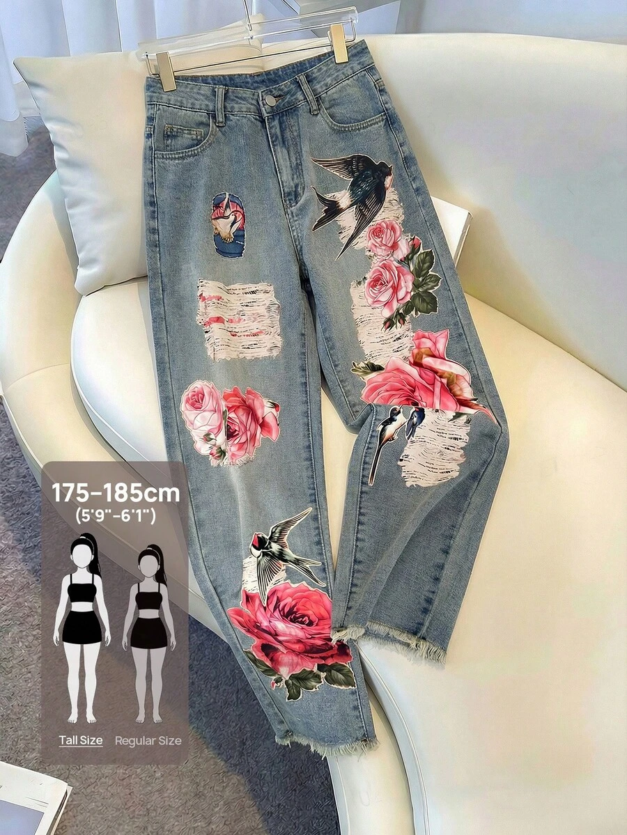 SHEIN Tall 女款口袋鈕扣花卉圖案休閒百搭日常牛仔褲，適合高個女性 - 藍色 - 查看 1