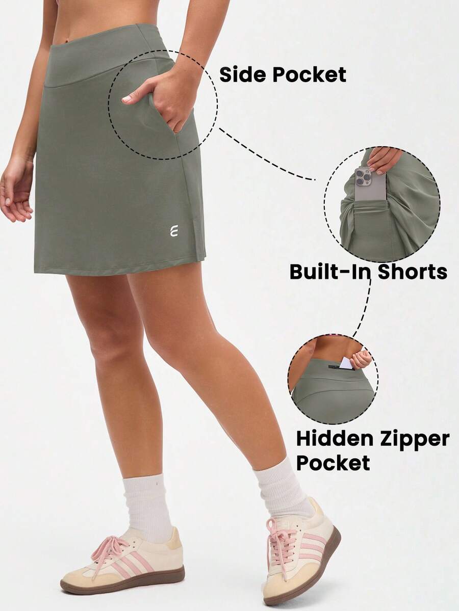Gameset SHEIN Sport Women's Sage Green Athletic Skort With Pockets, High Waist Sports Skirt With Built-In Shorts, Hidden Zipper Pocket, Tennis Golf Running Activewear - Grey - View 1