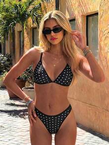 Swim Vcay Bộ bikini tắm biển mùa hè nữ họa tiết chấm bi gợi cảm - Đen và trắng - Xem 1
