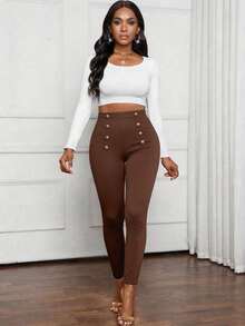 SHEIN Lady 棕色秋冬休閒優雅上班女款前扣式內搭褲 - 棕色 - 查看 6