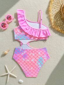 SHEIN Young Girl Fish Scale Pattern Pleated Bow Decor One-Piece Swimsuit, Pink Ruffle Trim One-Shoulder Design, Suitable For Beach Vacation, Pool Party, Beach Party - Pink - View 2