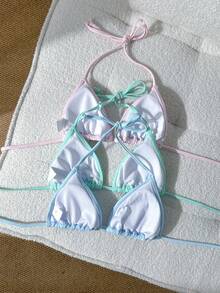 Swim Mod Conjunto de 3 piezas de top de bikini con cuello halter y lazo de unicolor para mujer, adecuado para vacaciones de verano en la playa - Multicolor - Ver 2