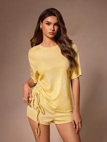 Lazeform 2 piezas Conjunto de ropa de estar en casa para mujer con cordón y plisado acanalado - Amarillo - Ver 3