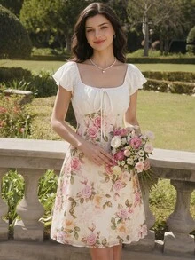 age con textura de jacquard con rosas, parches de encaje, volantes, lazo, mangas de mariposa, casual, para verano, vacaciones, fiestas, bodas, graduaciones, paseos, vacaciones, en color rosa - Rosa - Ver 3