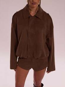 SHEIN BAE Minimalist Casual Versatile Solid Color Shorts - Brown - View 8