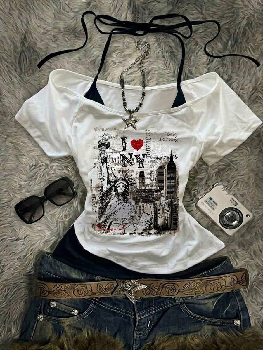 Attitoon Women's Casual Graphic Streetwear Y2k Retro Color Block Short Sleeve T-Shirt, Suitable For Summer, Travel White - Multicolor - View 1