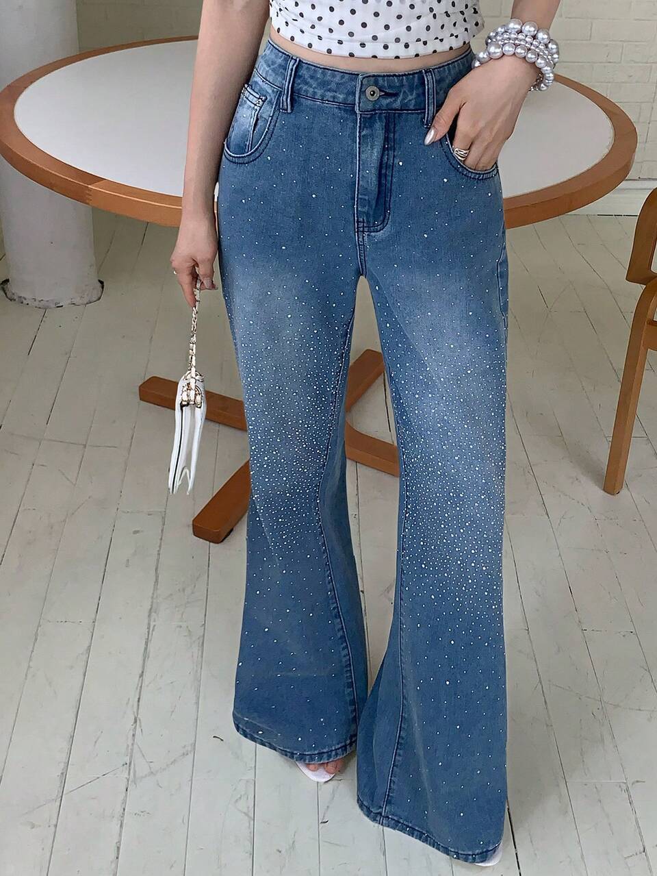 Rhinestone Embellished Flare Leg Jeans, Casual Vacation Summer Women's Denim Pants