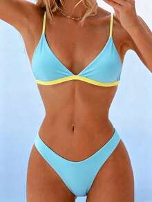 Swim Mod Conjunto de Traje de Baño de Dos Piezas con Tirantes de Espagueti y Ribete de Color Contrastante - Multicolor - Ver 1