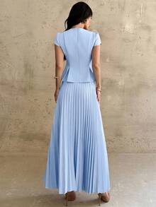 Firerie Women's Summer Elegant Solid Color Pleated Waist-Cinched Top And Pleated Skirt 2 Pieces Set Office Light Blue - Blue - View 8