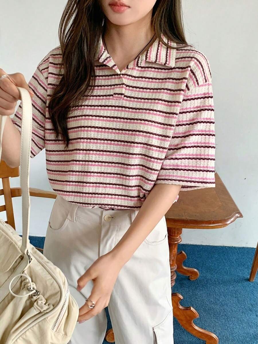DAZY 女款 Polo 領鈕扣短袖條紋針織休閒 T恤 - 彩色 - 查看 1