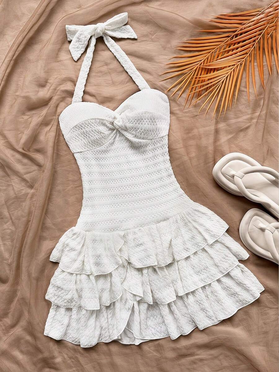 SHEIN 少女度假迷你连衣裙,弹性褶皱胸围,系带领口,蝴蝶结,分层褶皱,可内穿或外穿,夏季连衣裙,纯白色连衣裙 - 白色 - 查看 1