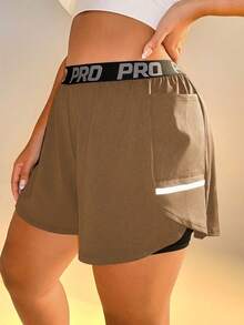 SHEIN Rhythm Era Women's Letter Waistband Pocket Double Layer Sports Shorts - Khaki - View 4