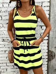 EMERY ROSE Vacation Casual Striped Sleeveless Mini Dress - Green - View 4