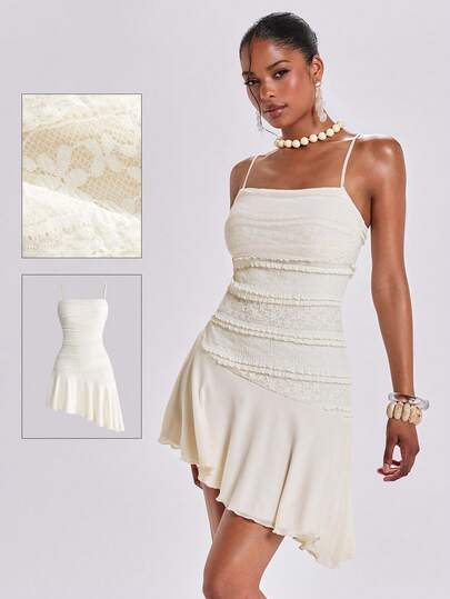 Y2K Vestido corto de mujer con tirantes finos, bajo asimétrico, encaje blanco y jacquard, ideal para vacaciones y momentos románticos