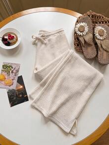 SHEIN Tween Girl Versatile Pocket Drawstring Waist Casual Basic Long Pants White Autumn - Khaki - View 2