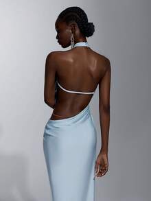 Elitara Elegant Blue Hollow Halter Neck Side Ruched Cutout Backless Bodycon Fishtail Formal Evening Gown Party Wedding Guest Spring - Baby Blue - View 2