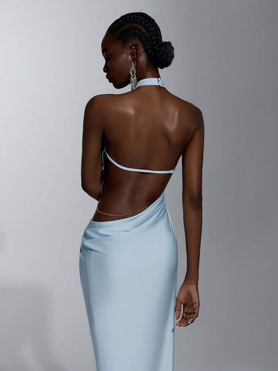 Elitara Elegant Blue Hollow Halter Neck Side Ruched Cutout Backless Bodycon Fishtail Formal Evening Gown Party Wedding Guest Spring