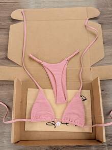 Swim Vcay 2026 Spring/Summer Women's Sexy Bikini, Triangle Cup Halter Neck, Pink With Small Flower Decor, High Cut, Adjustable, Suitable For Beach, Seaside, Pool - Pink - View 4