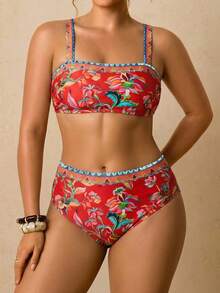 Travachic Plus Size Women's Summer Beach Vacation Floral Print Backless Tie-Front Bikini Set Set - Multicolor - View 1