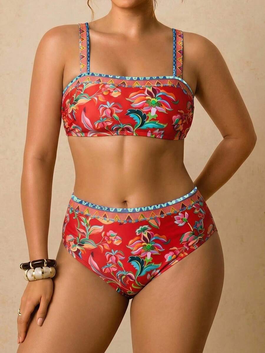 Travachic Plus Size Women's Summer Beach Vacation Floral Print Backless Tie-Front Bikini Set Set - Multicolor - View 1