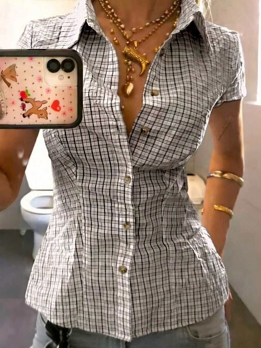 IslaSuriya 女士 Polo 领短袖修身衬衫 - 黑與白 - 查看 1