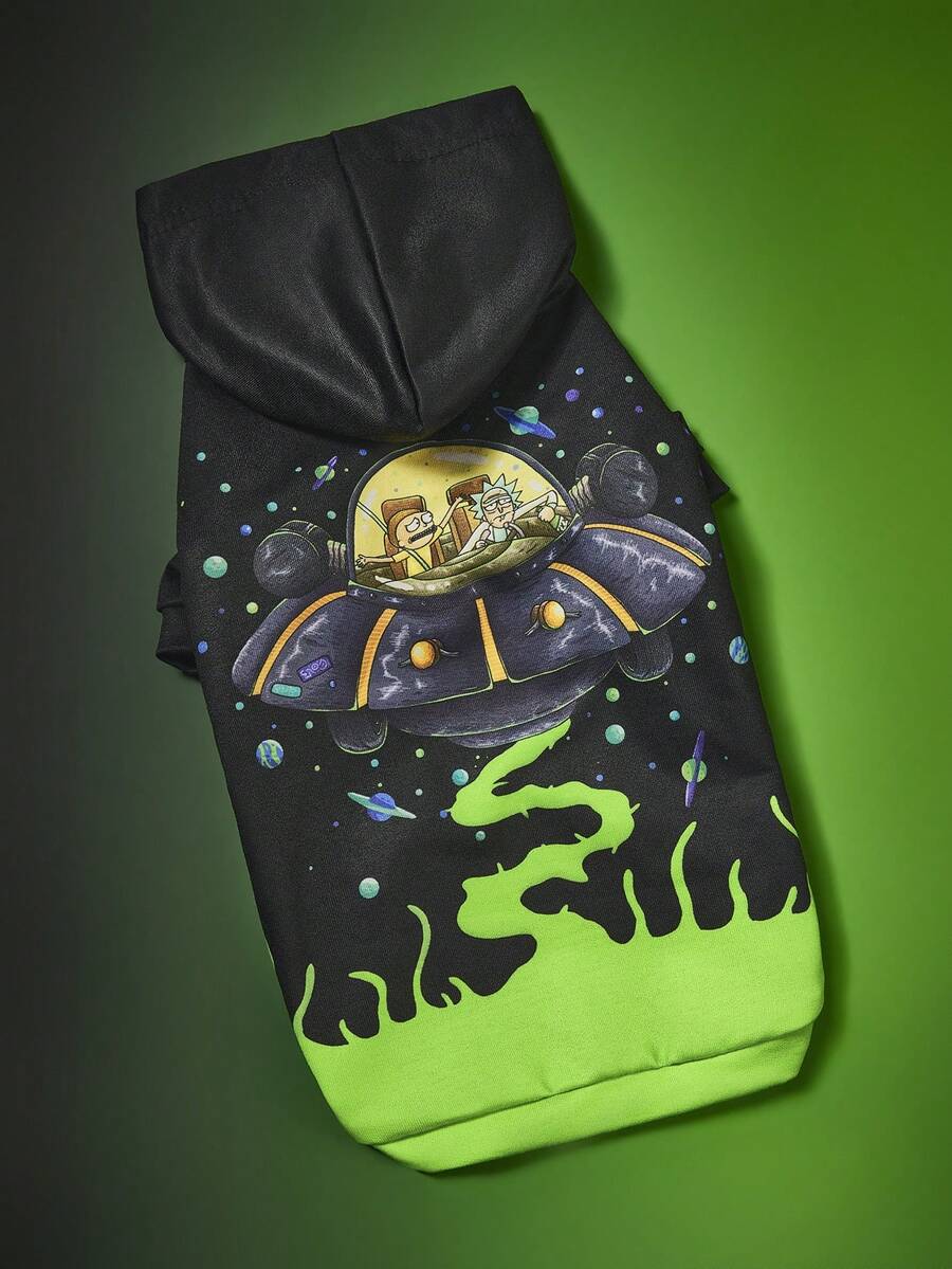 Rick and Morty X SHEIN 1件卡通圖案印花寵物連帽衛衣,貓咪衣服,狗狗衣服,尺寸XXS-XXXXL,特小號,特大號 - 黑色 - 查看 1