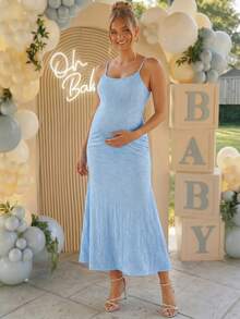 Loomaby Vestido elegante de tirantes finos con encaje floral y bajo de cola de pez para maternidad - Azul - Ver 6
