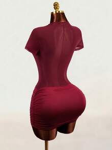 Mistrie Women's Short Sleeve Rhinestone Embellished Ruched Hem Dress - Burgundy - View 2