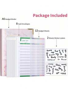 1 PC 8 Zipper Cash Envelopes 12 Expense Tracker Sheets 2 Alphabet Stickers Marble Pattern Faux Leather Budget Binder Planner For Back To School Money Saving Budgeting Cash Stuffing Wallet Organizer Trending Now - Pink - View 3