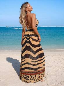 Swim Lushoire 26SS Spring/Summer Vacation Turquoise Print Backless Beaded Maxi Dress Cover-Up For Women Beach Sexy - Multicolor - View 2
