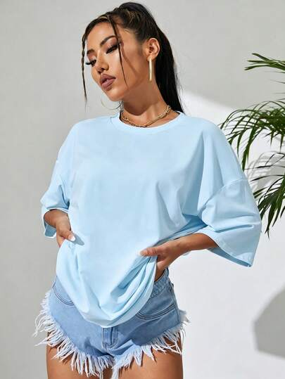 INAWLY Round Neck Drop Shoulder Tee