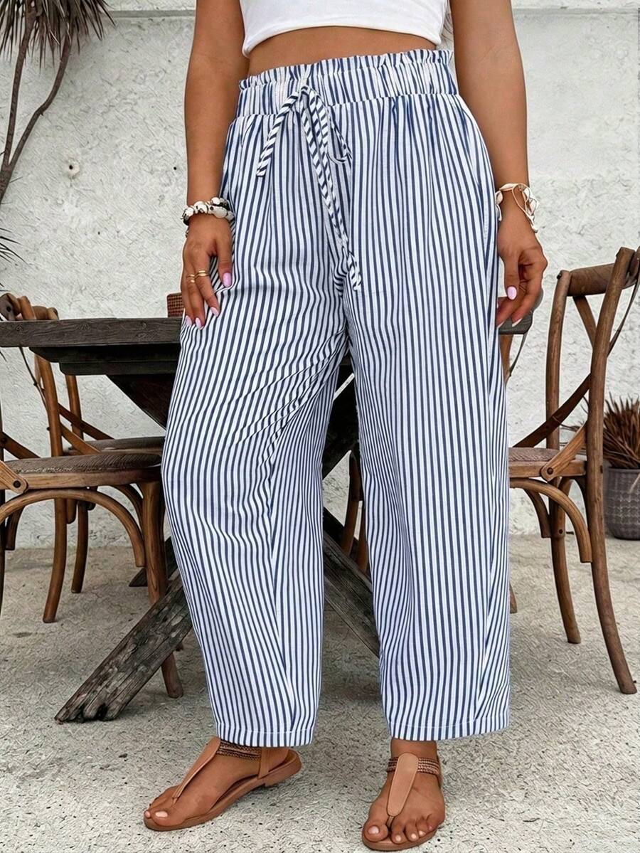 SHEIN VCAY Celana Panjang Wanita Ukuran Besar Kasual untuk Liburan & Perjalanan, Motif Garis-garis, Ikat Pinggang, Longgar, dan Lebar untuk Musim Gugur - MultiWarna - View 1