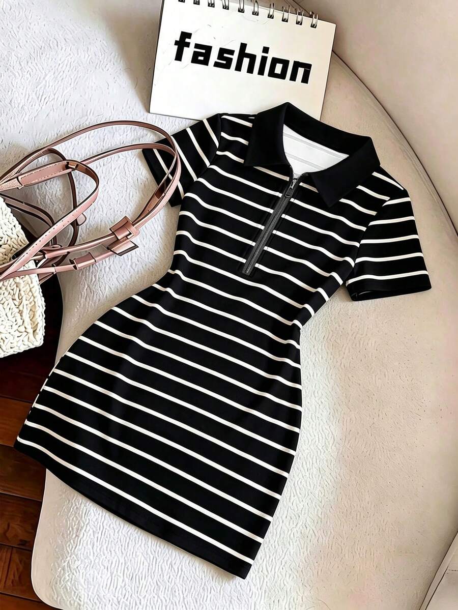GlowEve 女款領口拉鍊POLO衫T恤洋裝，修身復古條紋洋裝，夏季洋裝，條紋休閒出遊休閒運動優雅青春百搭短洋裝，適合西方主題郵輪、節日慶祝、海灘度假、音樂節、波希米亞風格度假、返校季、復活節、婚禮、教師節、母親節、四季皆宜，性感度假套裝，適合女性在海灘俱樂部、哈瓦那之夜、海灘晚餐及其他場合穿著 - 彩色 - 查看 1