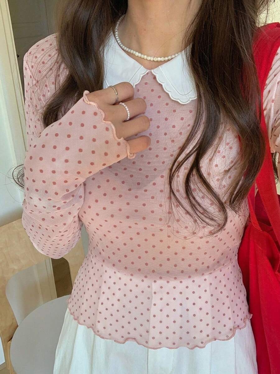 DAZY 女款圓點透視長袖圓領底層上衣 春/夏 - 粉色 - 查看 1