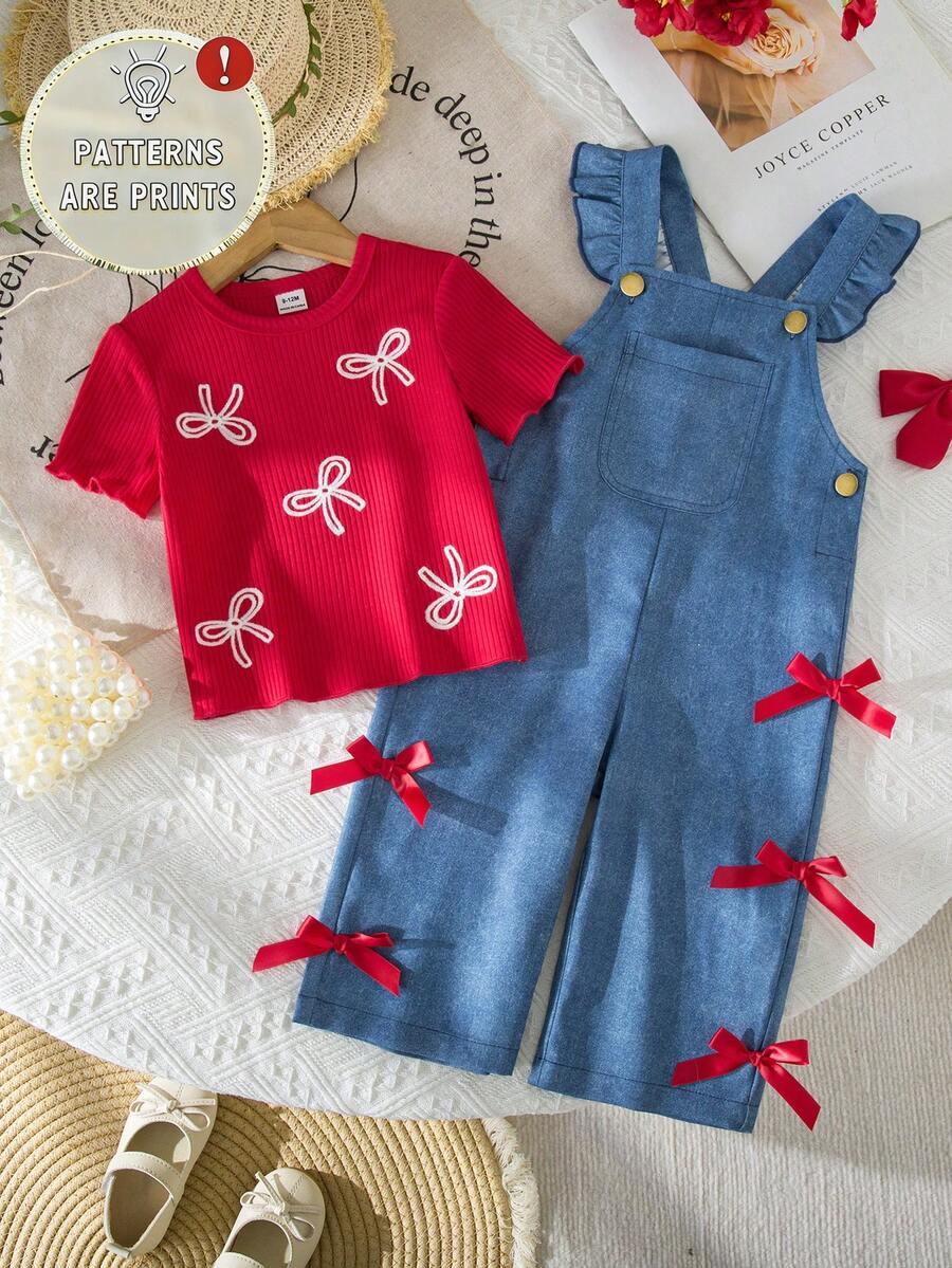 SHEIN Vintaside Kids 2件套女童休闲可爱纯色短袖上衣和花卉刺绣背带裤套装,适合春夏日常穿着 - 紅白色 - 查看 1