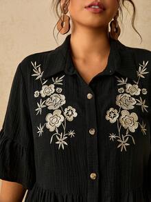 Travachic Women's Single-Breasted Floral Print Ruffle Sleeve High Waist Plus Size Casual Shirt - Black - View 6